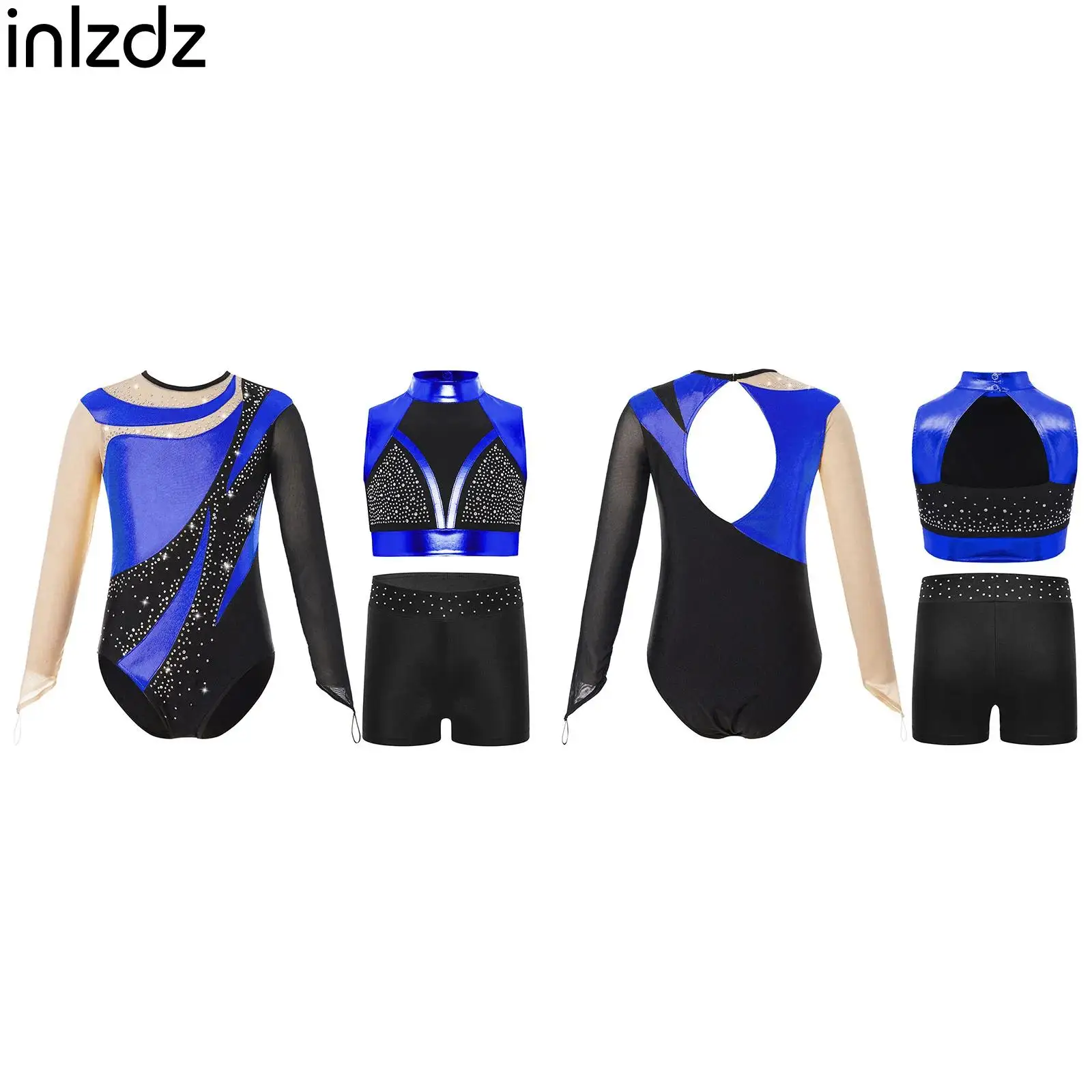 Children Girls Gymnastics Ballet Dance Leotard Sleeveless Rhinestones Metallic Leotard Top Shorts Set for Figure Skating Dance