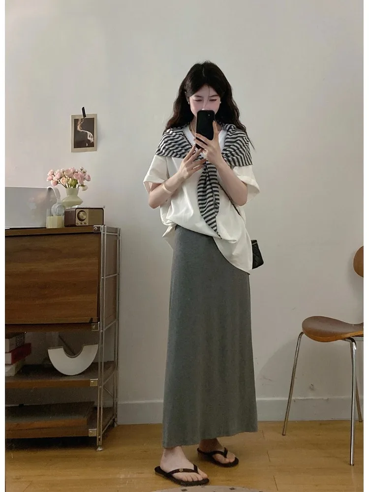 

plus Size Lazy Style Summer Casual Striped Shoulder Wrap Short Sleeve T-Shirt Top Slimming Half-length Skirt Ensemble