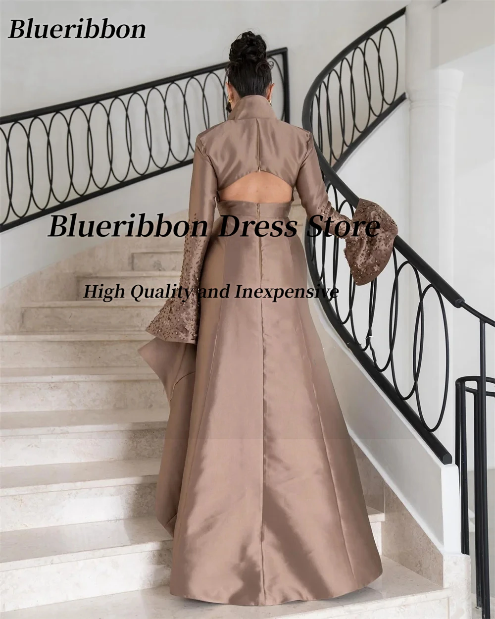 Blueribbon Customized Side Slit Satin Saudi Arabia Women Wear Evening Dresses Beaded 3D-Flowers Long Sleeves Prom Party Gowns