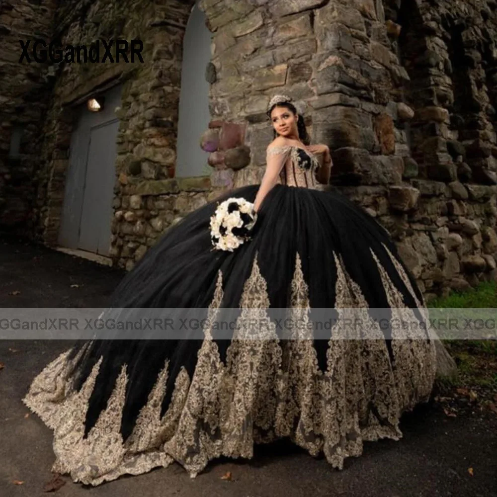 Luxury Black Ball Gown Quinceanera Dress 2024 Applique Long Sleeves Sweet 15 16 Yearls Birthday Party Vestidos De XV Años Miss