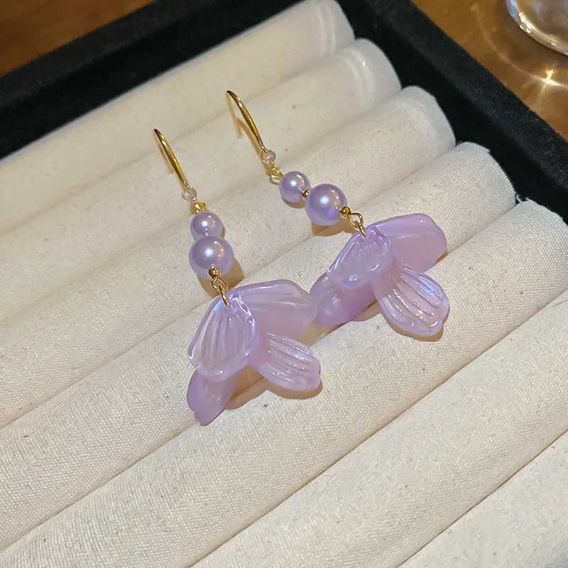 Purple Flower Drop Earrings for Women Imitation Pearl Tassel Ear Hook Sweet Petals Acrylic Ear Hangging Style Jewelry B image 4