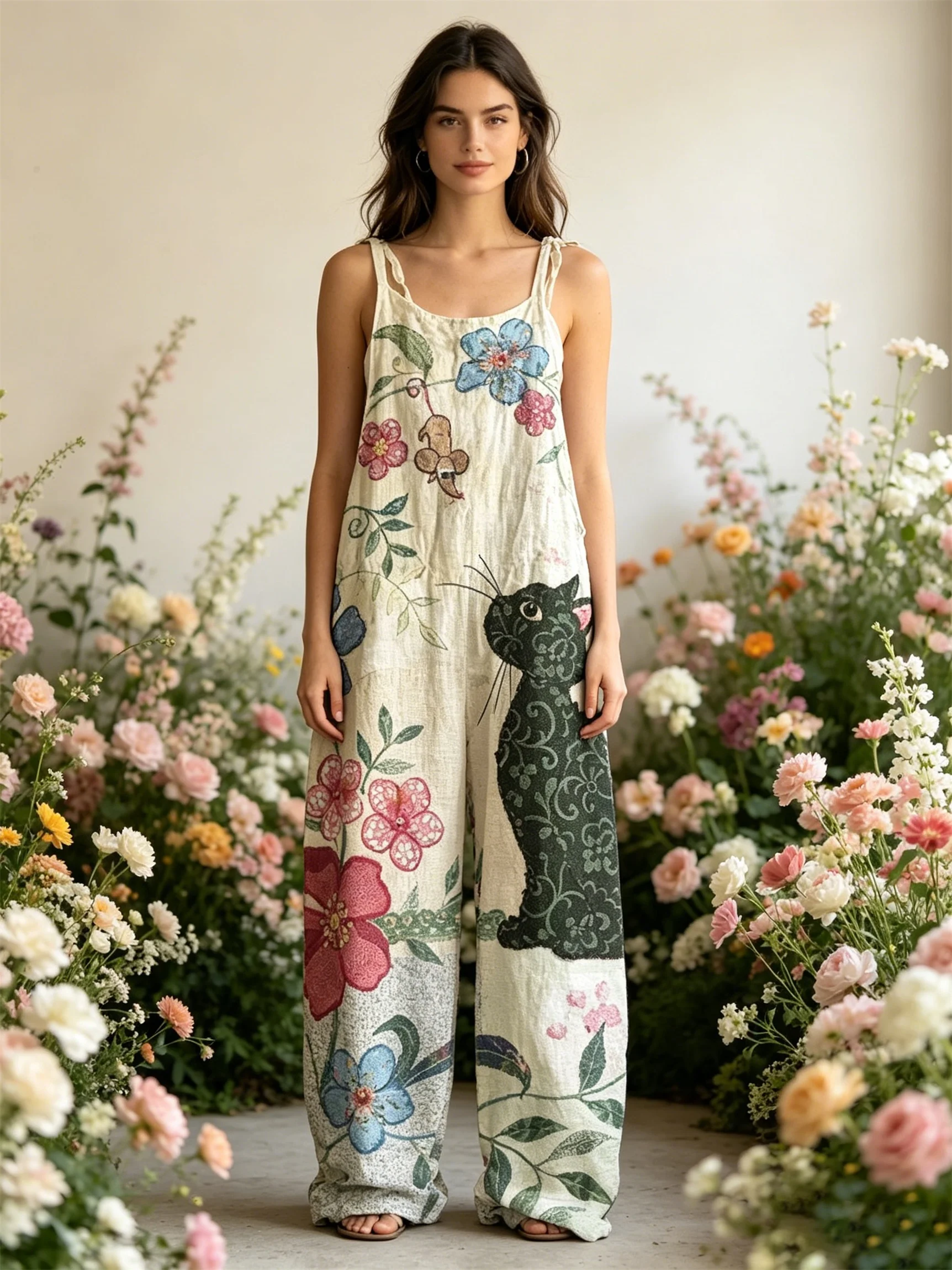 2026 women's black cat printed work pants jumpsuit, off shoulder sleeveless loose lantern pants, casual wear