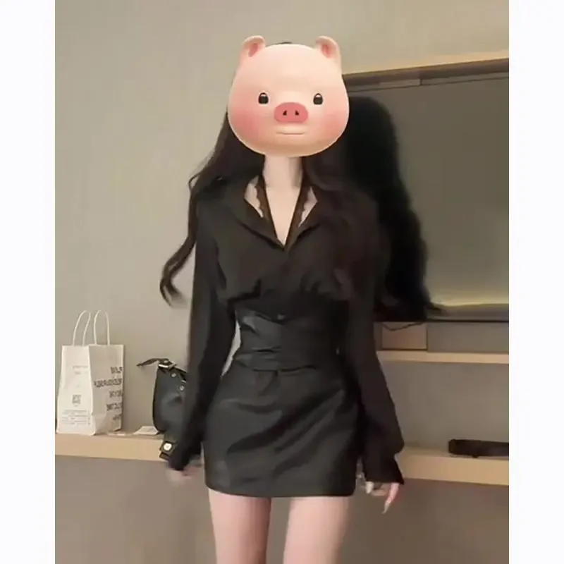 

Женская черная блузка с длинными рукавами и мини-юбка из искусственной кожи с v-образным вырезом, облегающий наряд из двух предметов для вечеринки