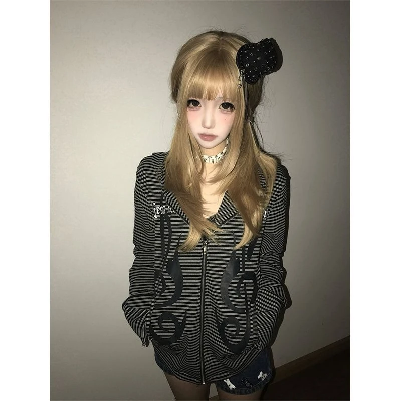 Y2k Subkultur Langarm Hoodie Streetwear Frauen Casual Gestreiften Schlank Tops Gothic Print Harajuku Zipper Süße 2025, Herbst