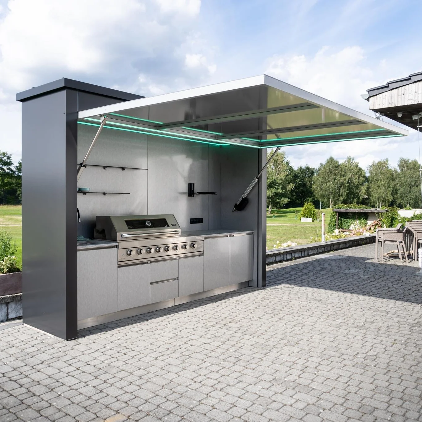 Modern Chrome Plated Stainless Steel Patio Integrated Kitchens-Weatherproof Built-in Grill Flame Safety Piezo Ignition Deep