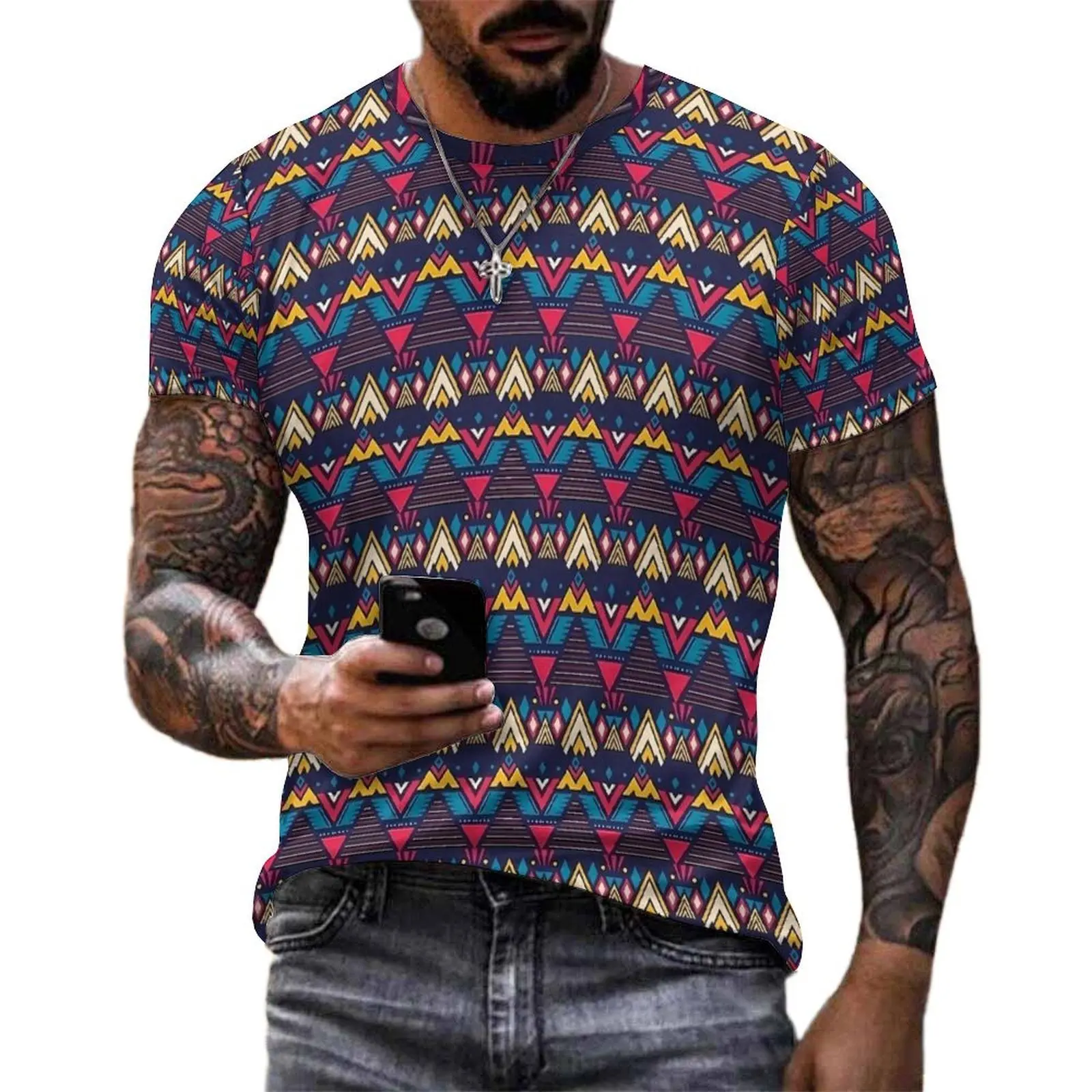 Aztec Art T Shirt For Male Purple Vintage Print O Neck T-Shirts Summer Retro Clothing Short Sleeve Casual Oversized Tee Shirt