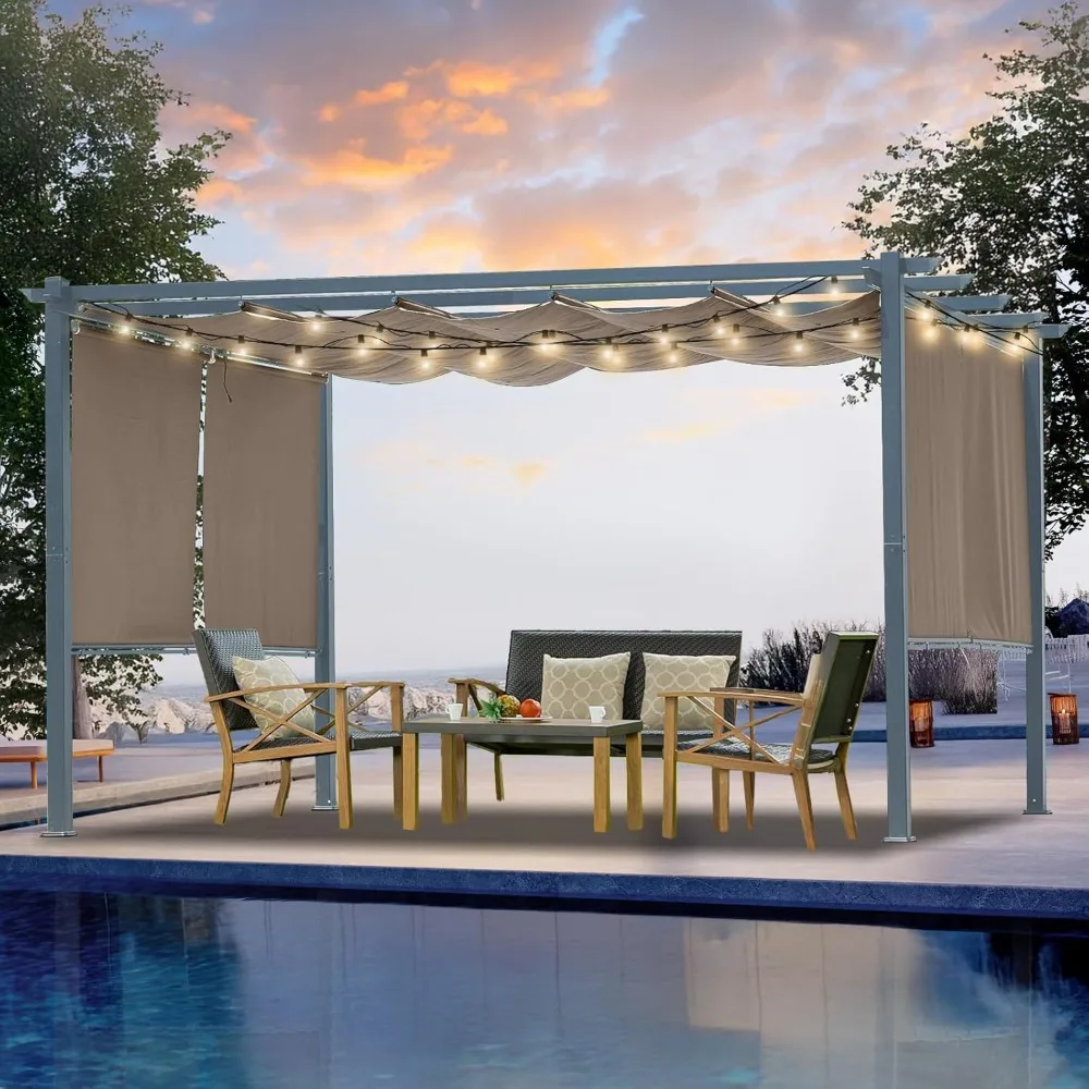 

10 x 13 Ft Outdoor Aluminum Pergola, Retractable Canopy & 2 Sides Shades for Patio Backyard Garden Deck