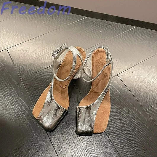 Silver genuine leather high-heeled sandals for women summer thick heel thong toe half toe fashionable niche shoes