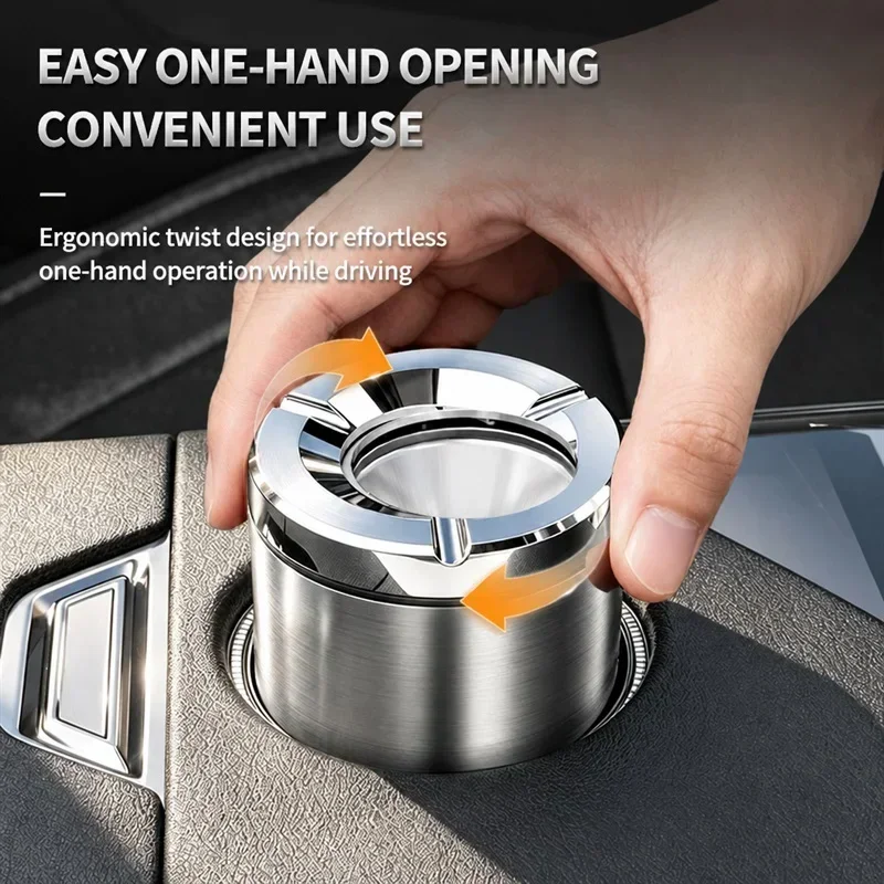 Stainless Steel Car Ashtray with Lid Mechanical Rotating Aperture Lid High Flame Retardant Holder Ashtray Car Home Universal