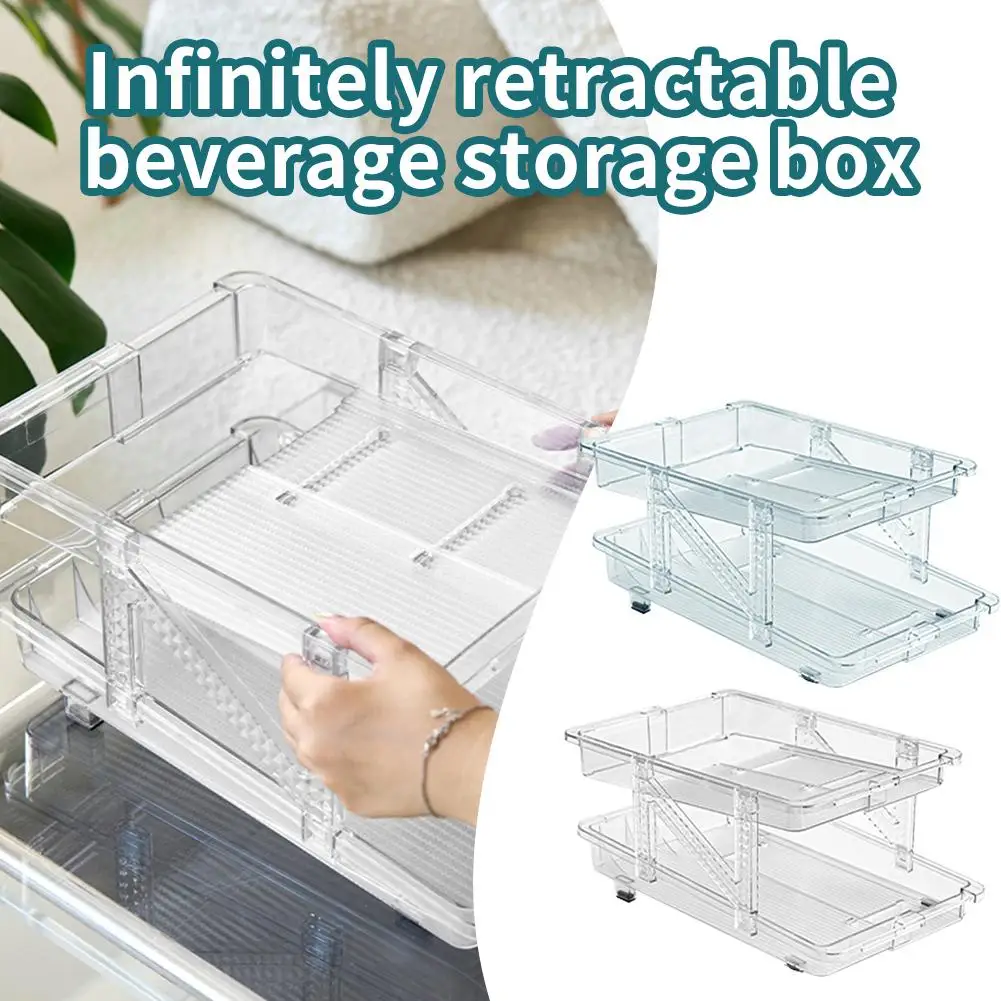 Beverage Storage Box Infinitely Retractable Automatic Filling Refrigerator Transparent Box Can Storage Coke Rack Double-lay P3V1