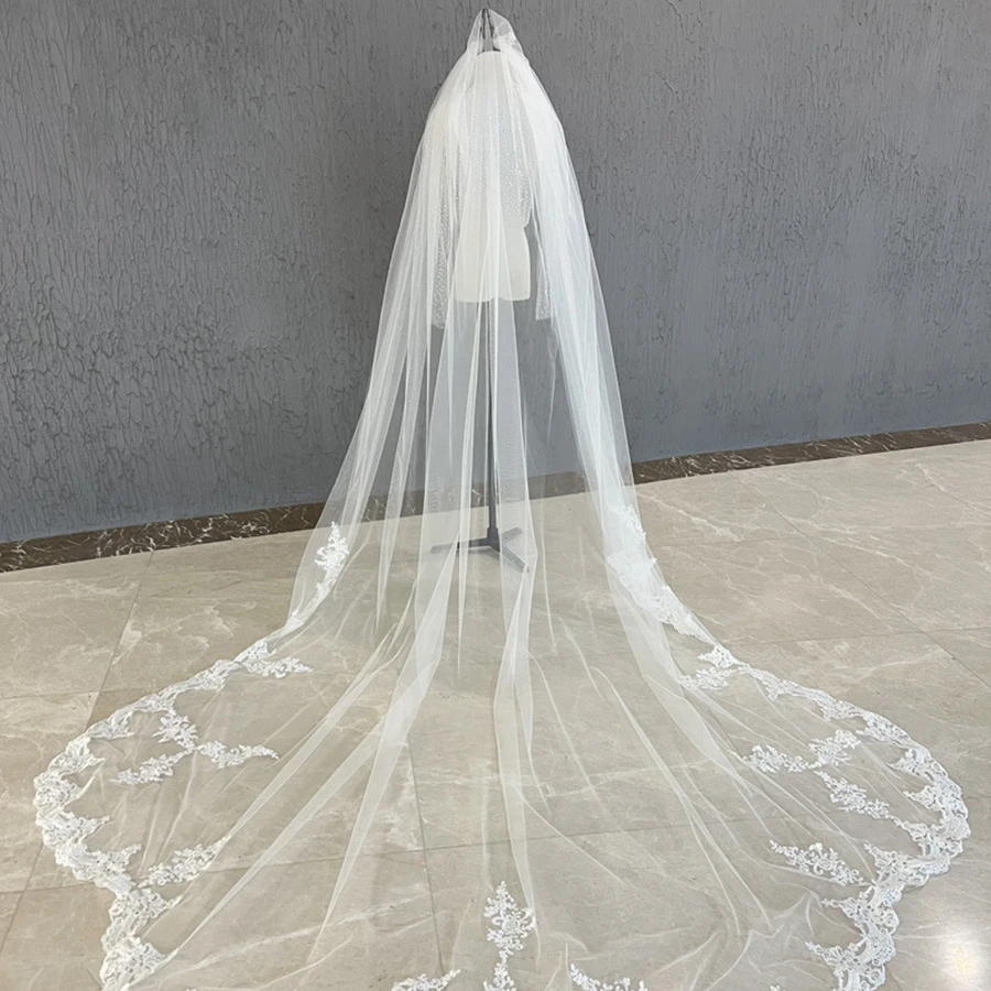 New Arrival White Ivory Cathedral Wedding veils Lace Appliques Bride Wedding accessories Bridal Veil vestidos de novia