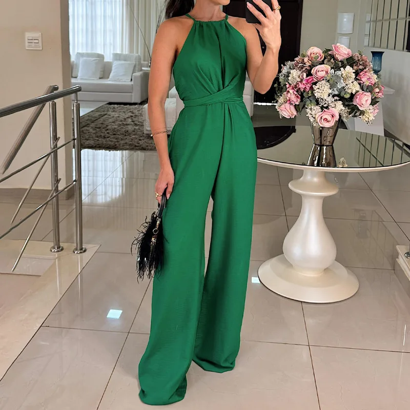 Summer Sexy One-shoulder Lace-up Women Jumpsuit Sleeveless Casual Commuting Romper Ladies High Waist Solid Color Loose Overalls