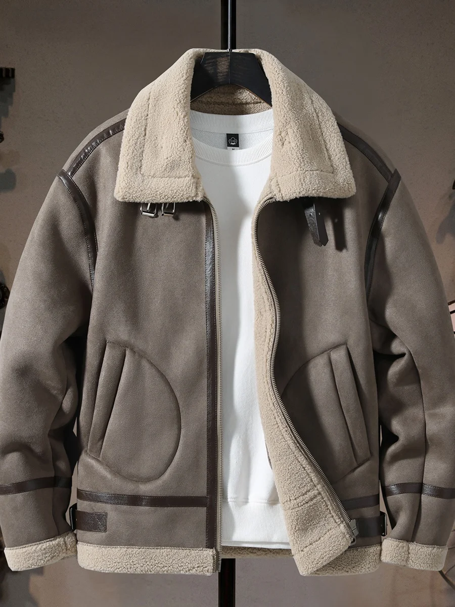 

Мужская зимняя куртка из замши и овчины с теплым воротником, повседневная рабочая одежда, утепленное хлопковое пальто для защиты от холода, молодежная модная городская модель