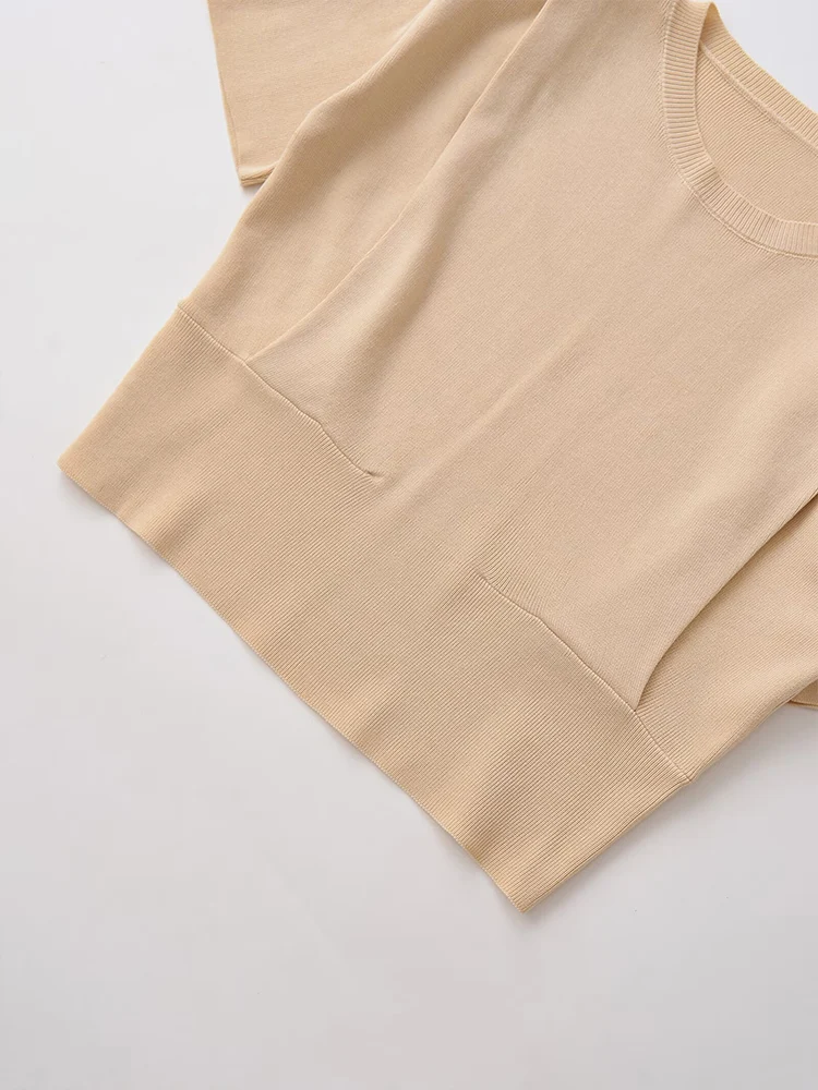 European and American style autumn new fashion trend women's casual wear padded shoulder round neck short sleeve knitted top