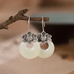 Natural Hotan Jade Eardrop Round Vintage Lotus earrings for women Classic Style Charming new in 925 Silver Jewelry gift