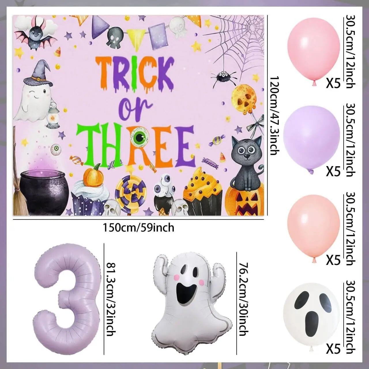 Trick or Three Party Decor Trick Or Three Banner Halloween Ghost Balloons for Pink Halloween Girl Third Birthday Party Decorations