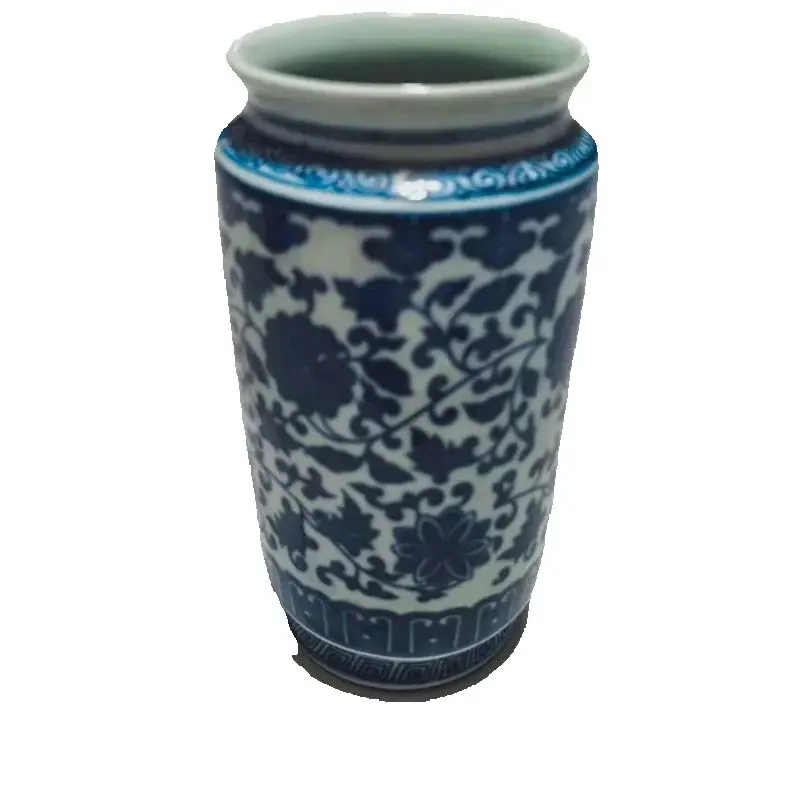 

Chinese Old Blue White Porcelain Pen Holder Vase Entangled Lotus Pattern Antique Decorative Item