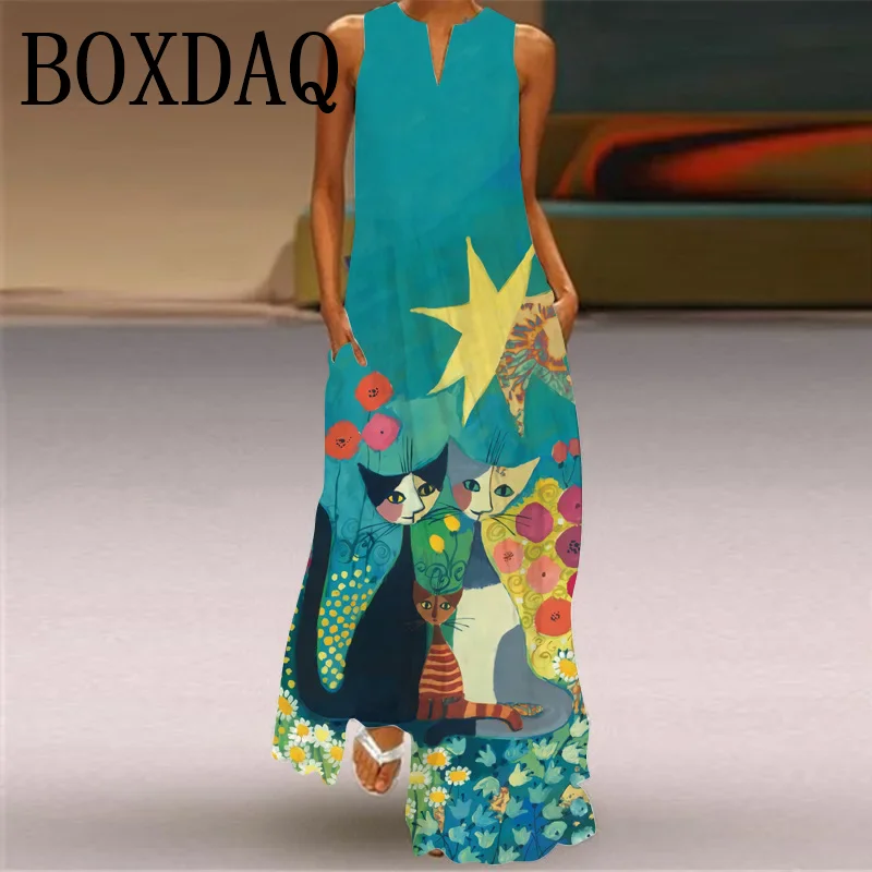 Women's Retro Peacock 3D Print Long Dress Casual V-Neck Loose Sexy Sleeveless Pocket Dress Summer Maxi Dress Robe Femme Sundress