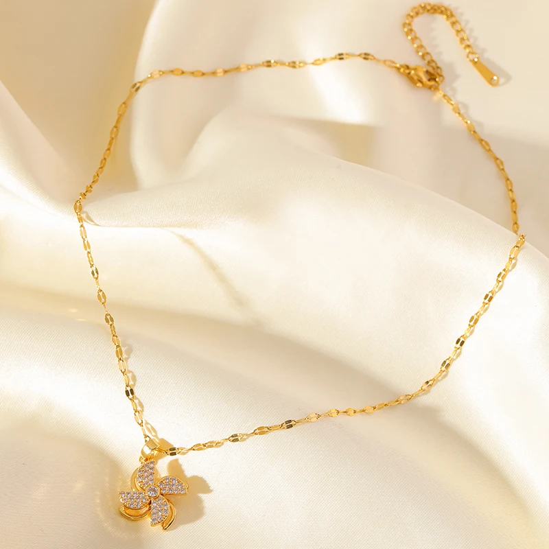 EILIECK Neue Mode Edelstahl Rotierendes Grünes Kleeblatt Zirkon Halsketten-Armband-Set für Frauen Trendiger Wasserdichter Schmuck Geschenk – Detail 20