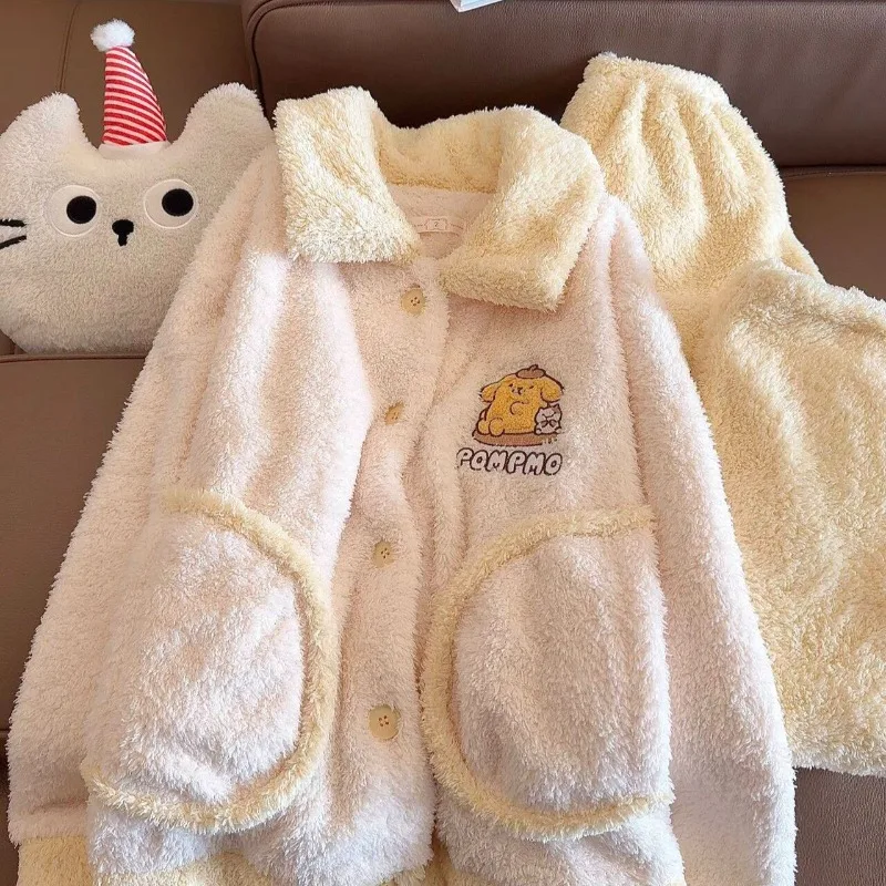 

Pompom Purins Cute Cartoon Pajamas Autumn and Winter Girls Coral Velvet Thickened Plus Soft Long-sleeved Trousers Home Wear Set