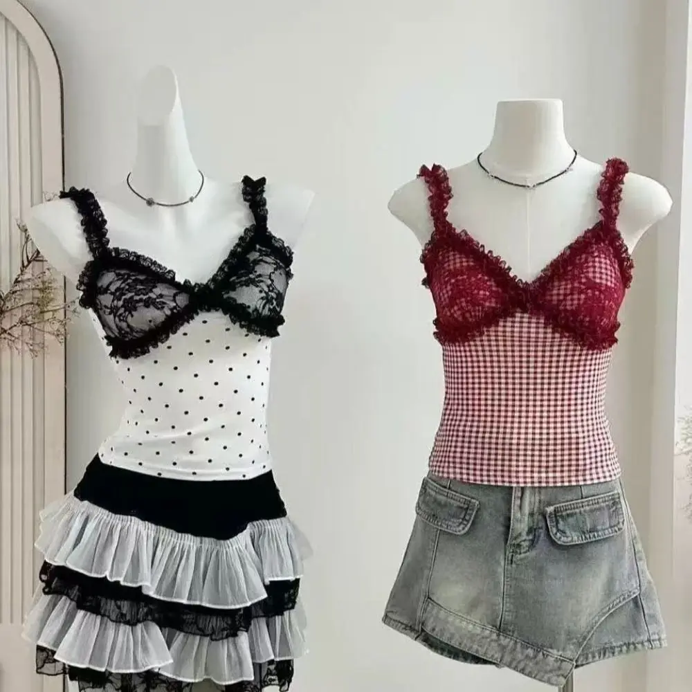 Mädchen Top Spicy Girl Style Ärmelloses Crop Top Mesh Dot Slim Fit Damen Straps Top Süßes V-Ausschnitt Spitzen-Unterhemd mit Pads Sommer