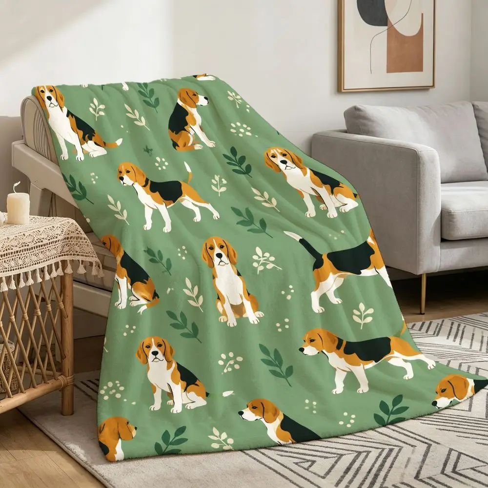 1pc Sage‑Green Beagle Dog Printed Throw Blanket, Cozy Lightweight Soft Decor Blanket for Living Room Sofa, Home Decor,Ideal Gift