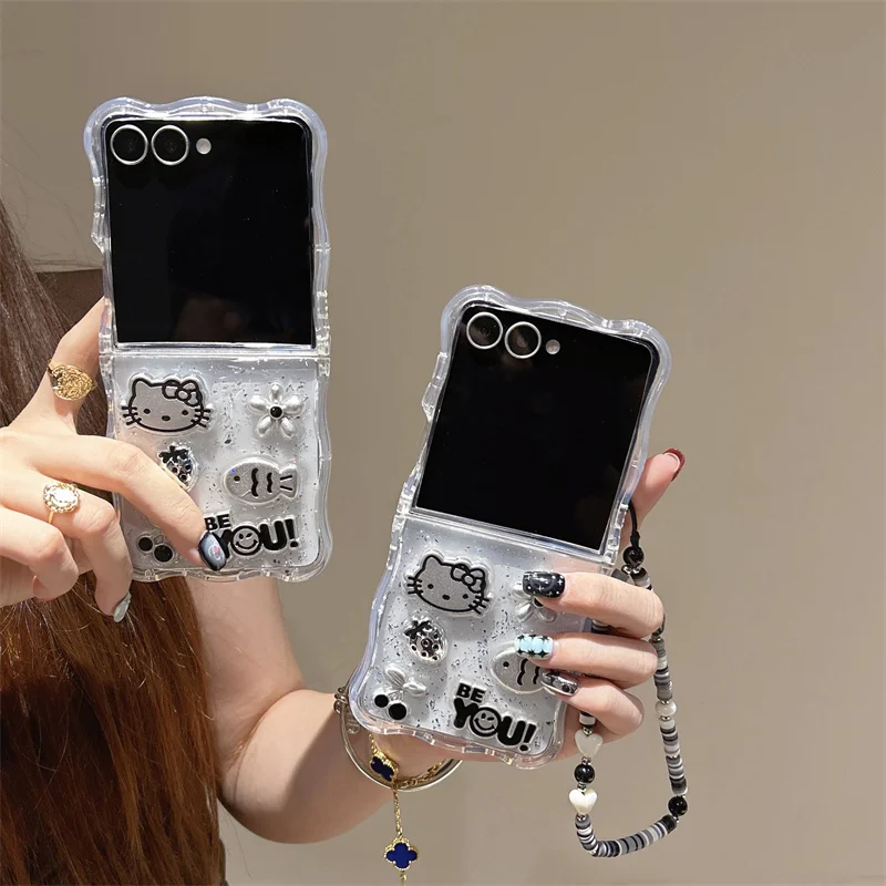 

Cute 3D Hellokitty Fish Glitter Phone Case For Samsung Z Flip 6 5 4 3 7 ZFlip7 ZFlip6 Cover with Chain Shockproof Cases Covers