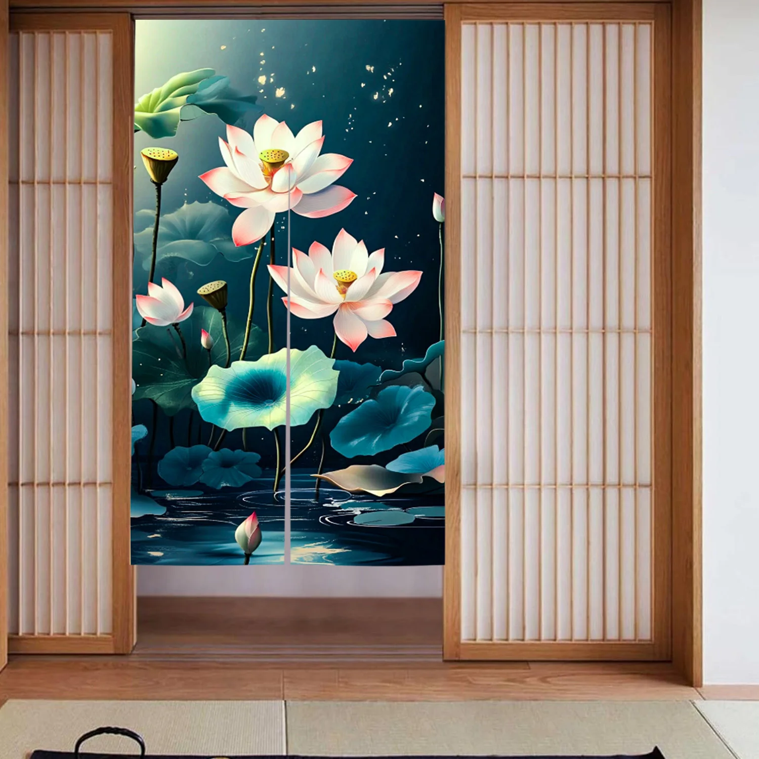 

1 шт. восточная дверная занавеска Zen for Lotus 31,5x59 дюймов — чернильный стиль для дизайна лотоса с темно-синим ночным фоном, искусственный Li