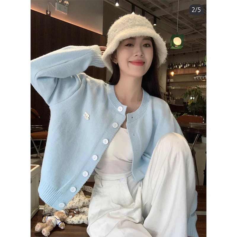 Women Autumn Korean Simplicity Loose Solid Color O-neck Long Sleeve Knitwear Women Clothes Office Lady All-match Cardigan Coat