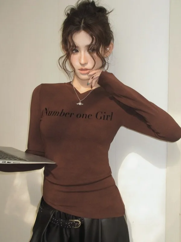Spring Long Sleeve T-Shirt V-Neck Flocking Letter Print Splicing Mesh Slimming Top Women's Fashion Casual Comfortable Tee