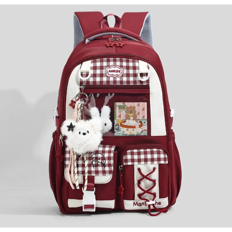 black-white-plaid-ita-backpack-clear-window-school-bag-with-lace-up-star-detail-casual-student-daypack-for-pin-display