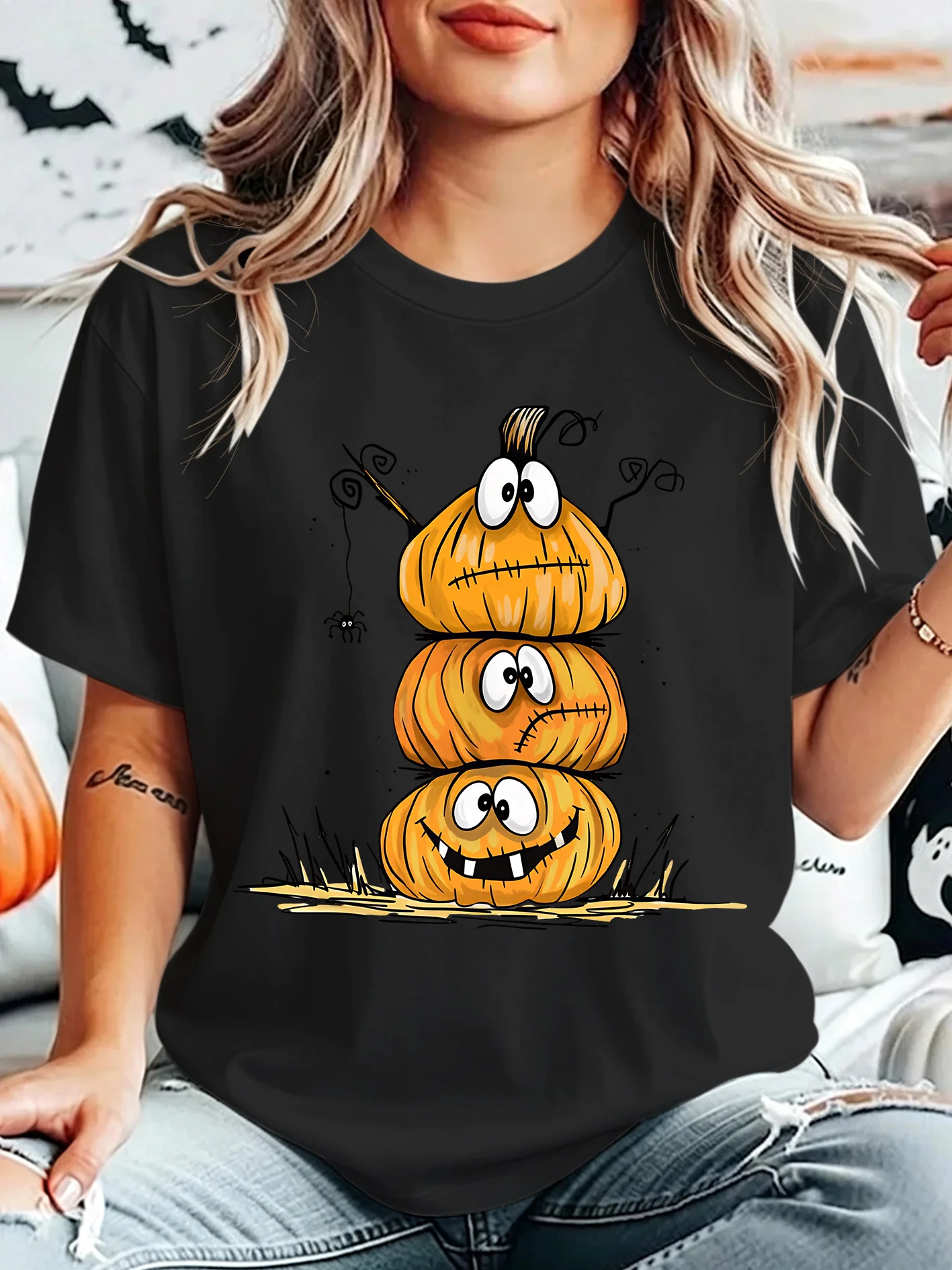 Stacked Funny Pumpkin Spider Womens Crew Neck Short Sleeve T Shirt Cute Cartoon Halloween Graphic Tees For Ladies Daily Wear