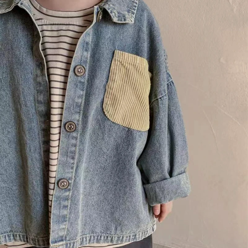 Children\'s New Spring Wear 2024 Boys\' Cotton Denim Long sleeved Shirt Children\'s Patched Patch Coat jacket