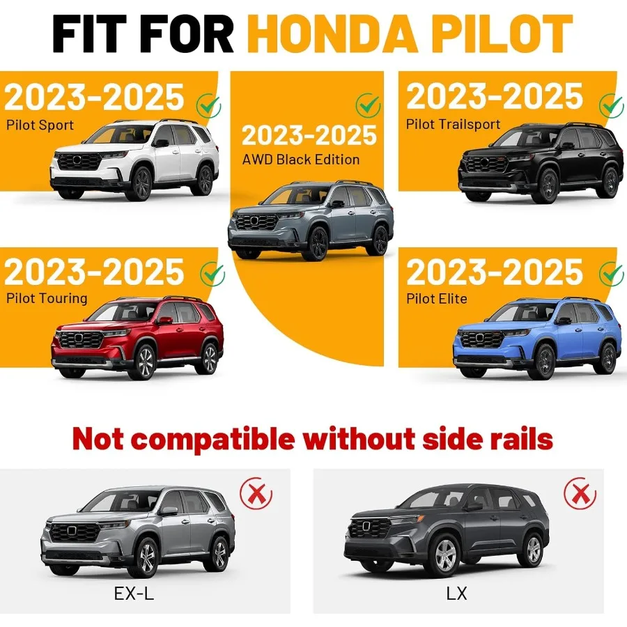 Поперечные перекладины багажника на крышу 220 фунтов, совместимые с Honda Pilot 20232025 Sport TrailSport Touring Elite, не для LX EXL, регулируемые Alumi