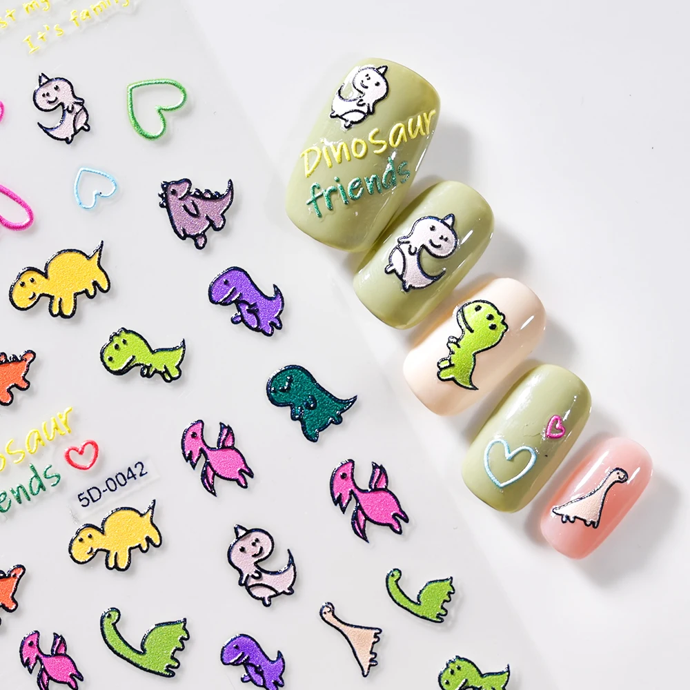 Cute Dinosaur 5D Embossed Nails Decals Cartoon Dog/Bees Animals Adhesive Nail Art Decoration Sticker for Kids Manicure Supplies