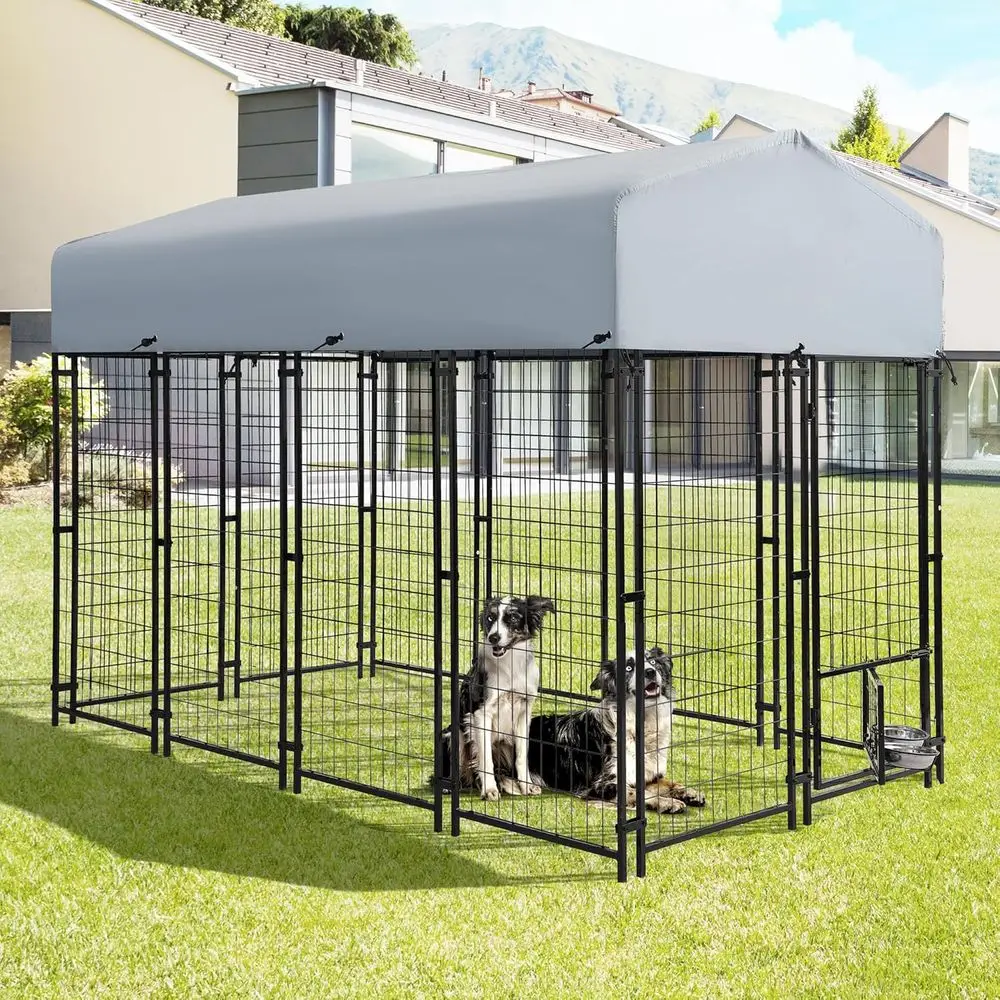 

Heavy Duty Large Dog Kennel Playpen - 8x4x6 Ft Welded Wire Steel Dog Run Enclosure Crate Cage with UV-Resistant Roof and Secure
