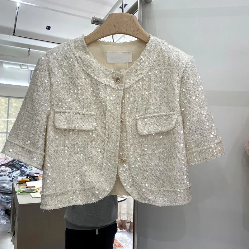 Summer High Quality Korean Tweed Paillette Short Sleeve Jacket Coat Women Korean Fashion Sequin Short Outerwear Top