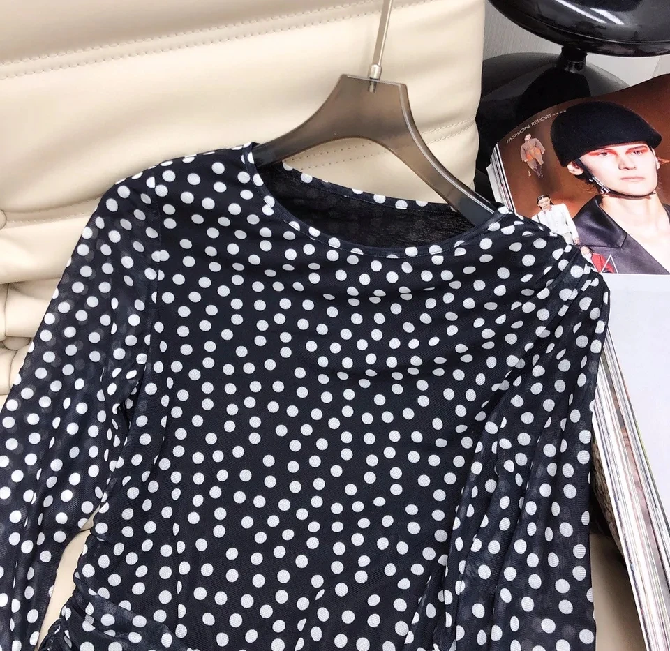 2024SS Spring New Women Luxury Fashion Dots Prints Long Sleeve Slim T-Shirt Female Chic Tops