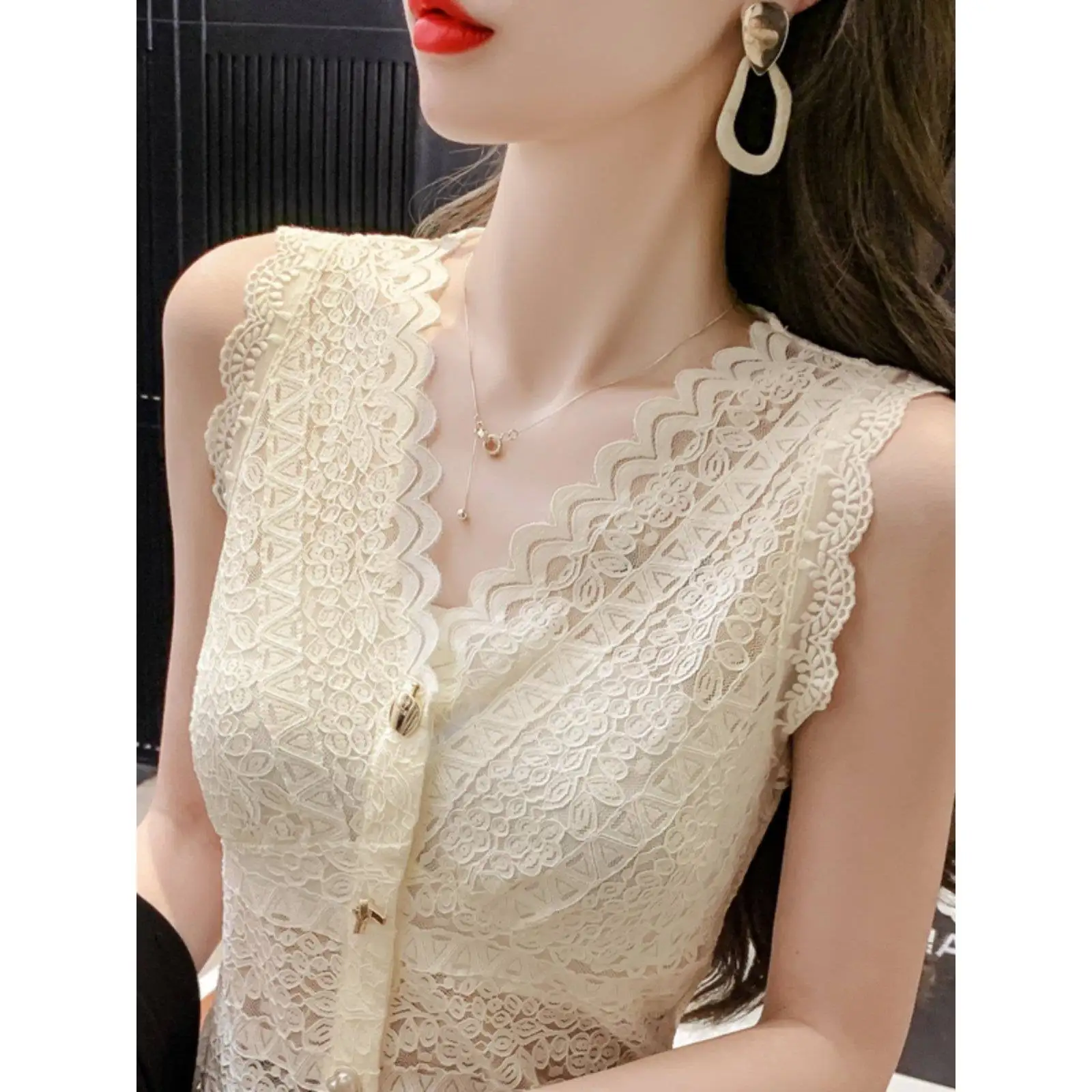 

Faionable Lace Svel Top Set Women's Outerwear Spring Summer Commute Sle Regular Denim Fabric Seven Sve Length