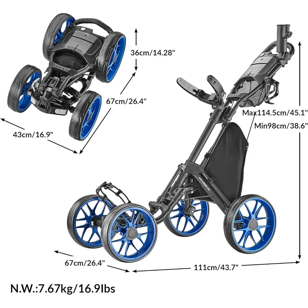 4 Wheel Golf Push Cart - Caddycruiser One Version 8 1-Click Folding Trolley - Lightweight, Compact Pull Caddy Cart,