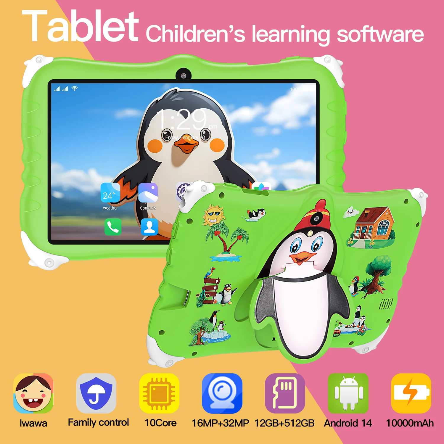 2024 Kids Learning Tablet 10.1-inch 4GB+128GB Bluetooth Android 14-inch HD Dual Camera High-performance Popular Kids Tablet PCs