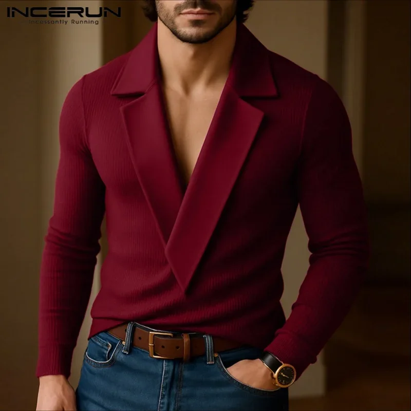 INCERUN Men Sweaters Patchwork Lapel Collar Long Sleeve Knitted Male Pullovers Streetwear 2025 Fashion Casual Men Clothing S-5XL