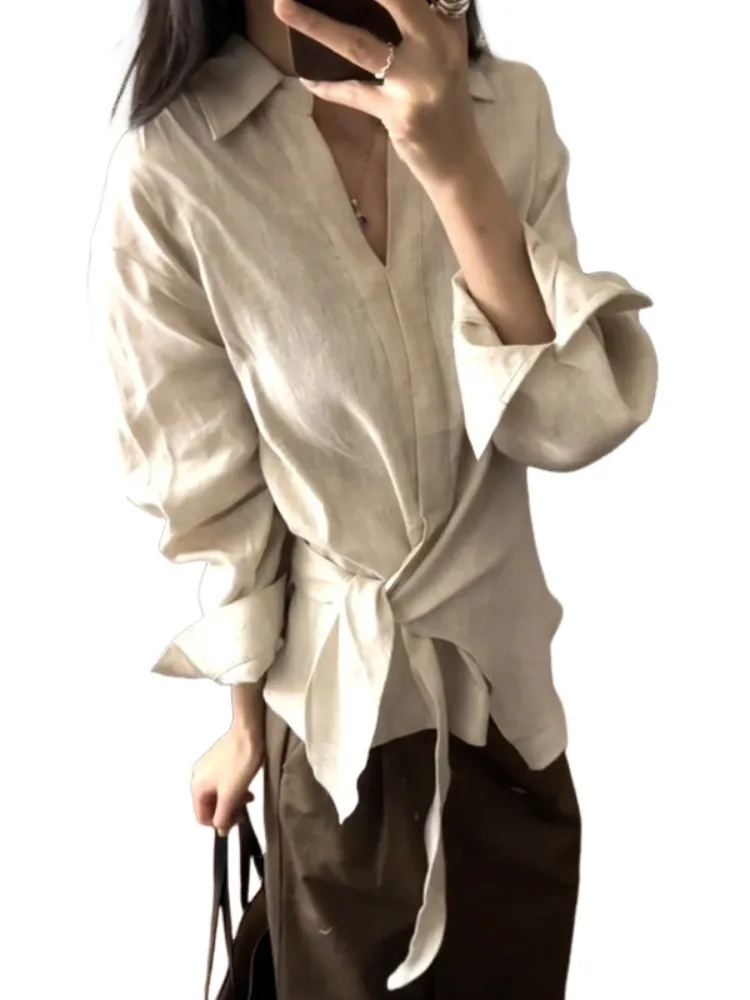Loose Fit Linnen irt Dames Faion Koreaanse Sle Belted Taille Speciaal ontwerp Casual Comfortabel gevoel Herfsttop