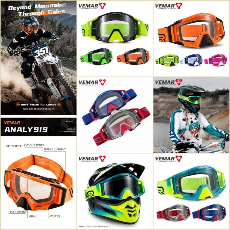 VEMAR Motorcycle Goggles - Windproof Motocross Glasses with UV Protection for Skiing, Cycling & Off-Road Racing