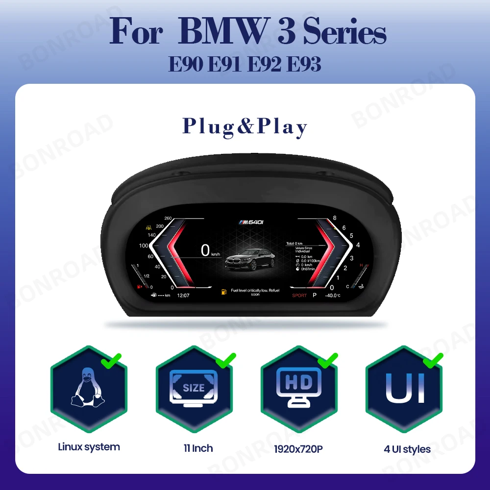 BONROAD 1920*720P Draadloze Carplay Android Mirroring Digitale Instrumentenpaneel Voor BMW E90 E91E92 Dashboard Snelheidsmeter Display