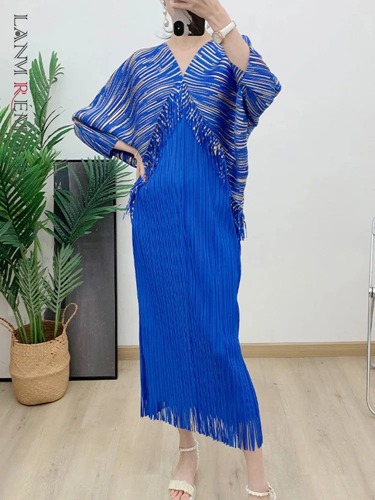 LANMREM Sequins Tassel Design Pleated Dress Women V Neck Batwing Sleeves Dresses Elegant Party 2025 Spring New Clothing 2DA4164