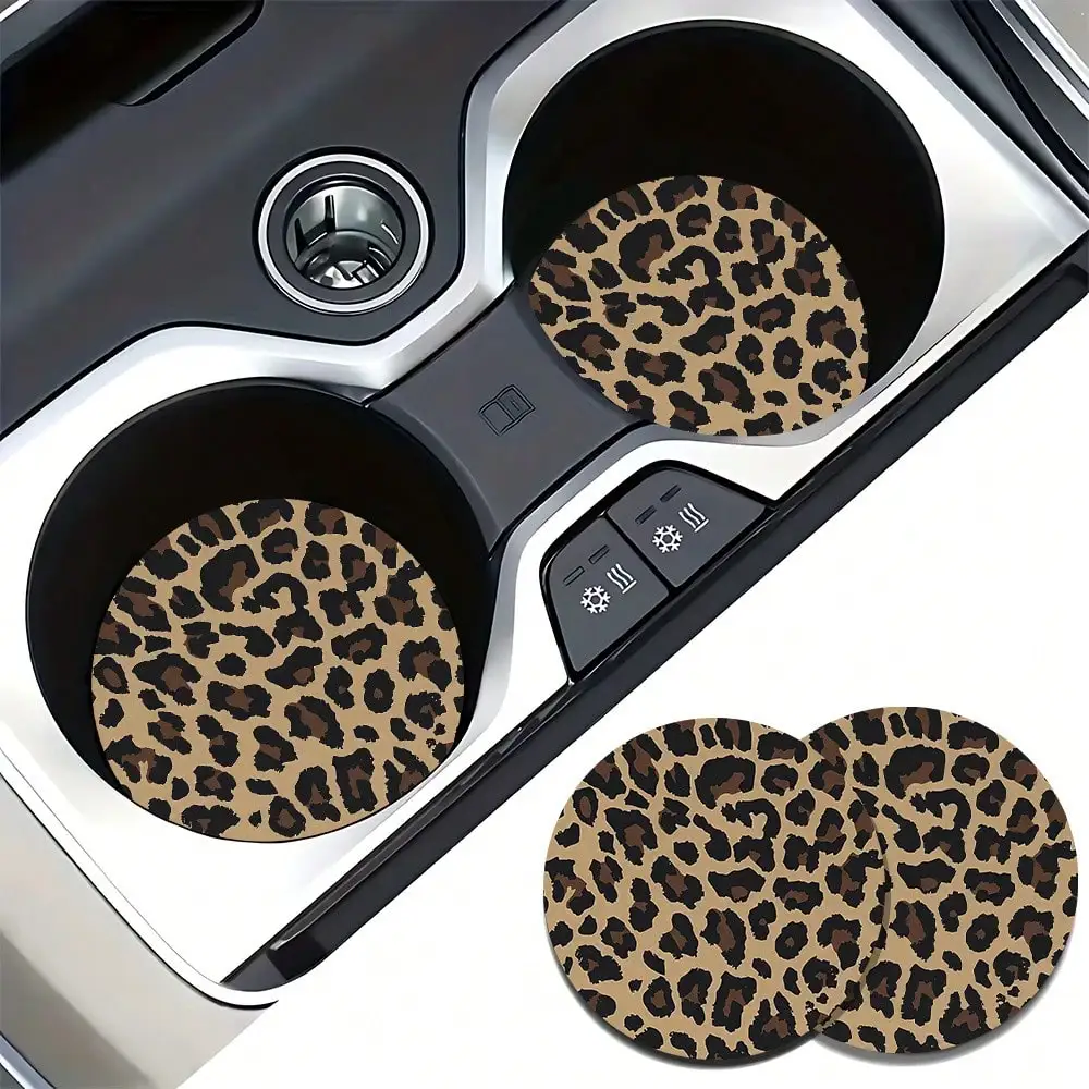 2 Classic Leopard Print Coasters for Car Cup Holders • Absorbent and Non-Slip Car Interior Accessories • Fashionable Wild Style