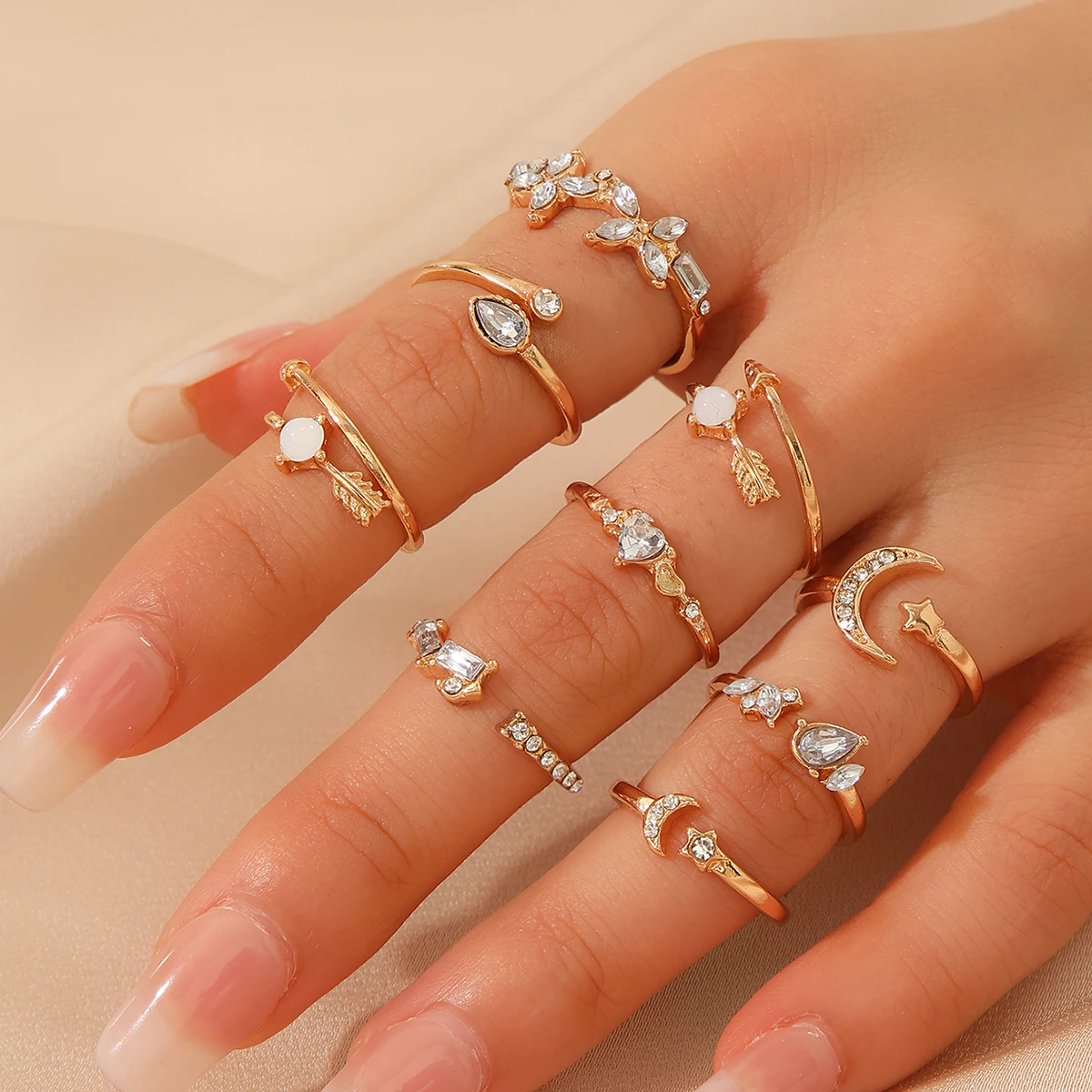 9PCS Retro Fashion Sweet Shining Water Diamond Stackable Men's and Women's Ring Set, Suitable for Men's and Women's Fashion Part