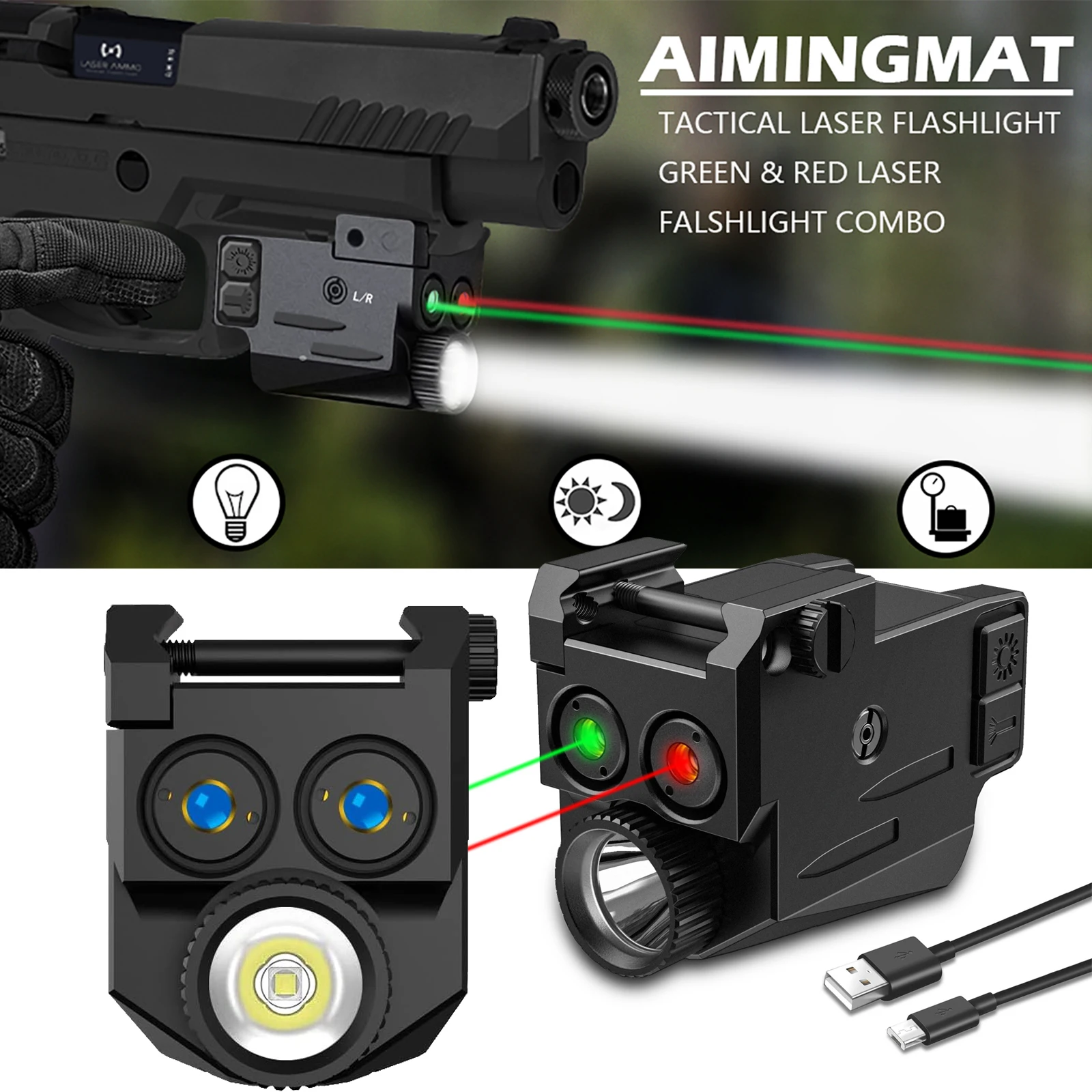 Mini lampe de poche 2 en 1 aste par USB, 500 lumens, avec visée laser magnétique, pour pistolets, équipement de chasse Airsoft