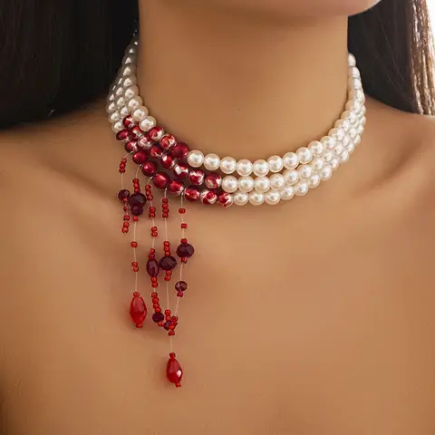 여성용 멀티 레이어 빈티지 레드 블러드 패턴 모조 진주 술 펜던트 목걸이, 고스 크리스탈 비즈 체인, 할로윈 쥬얼리
